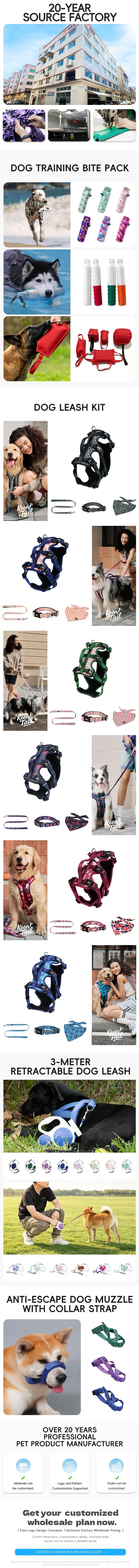 Kingspeed Pets company highlights, dog training bite pack, dog leash kit, retractable leash, muzzle strap, and wholesale quote call to action