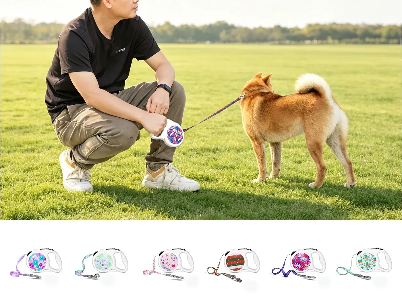 Patterned 3m retractable dog leash with dog in field